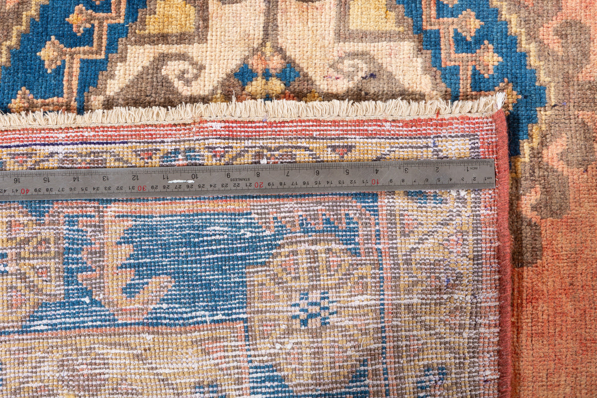 Collectible Vintage Faded orange-red and navy Geometric Rug – 9' 11" x 6' 7" (302 x 200 cm)