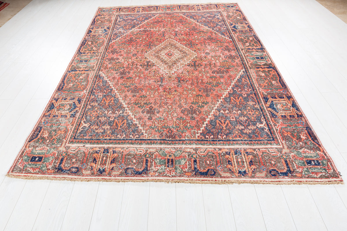 Vintage Faded red and blue Traditional Rug – 9' 5" x 6' 4" (288 x 194 cm)