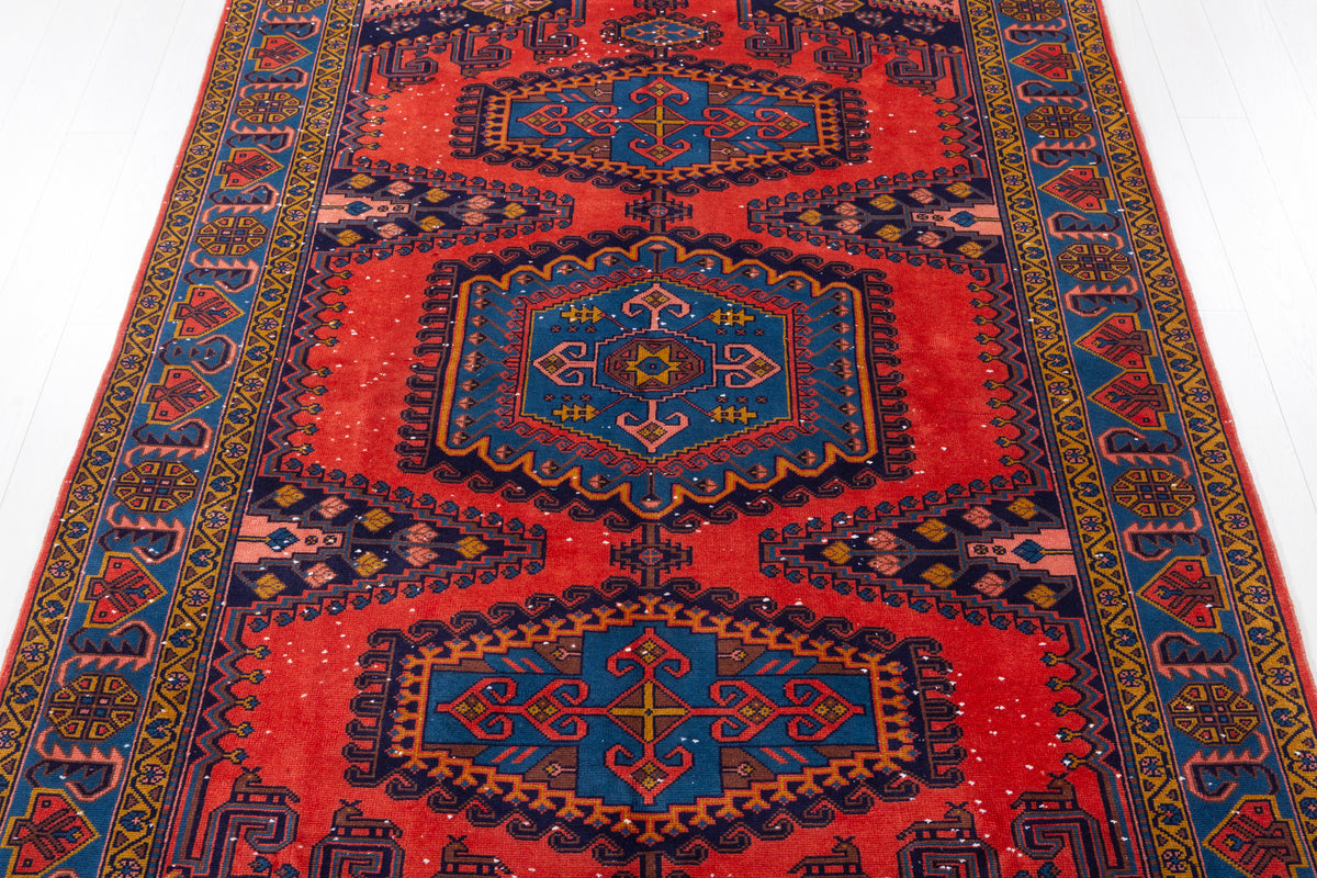 Collectible Vintage Orange-red and blue Geometric Rug – 10' 1" x 6' 6" (308 x 198 cm)