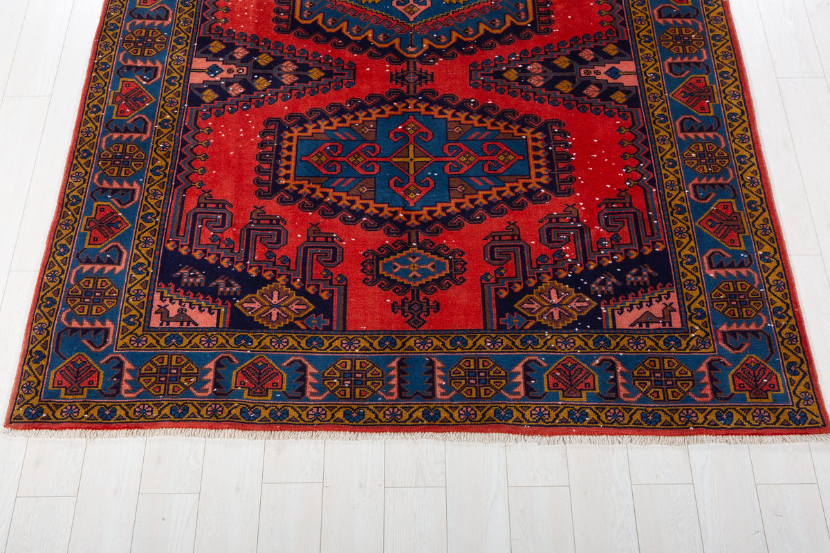 Collectible Vintage Orange-red and blue Geometric Rug – 10' 1" x 6' 6" (308 x 198 cm)