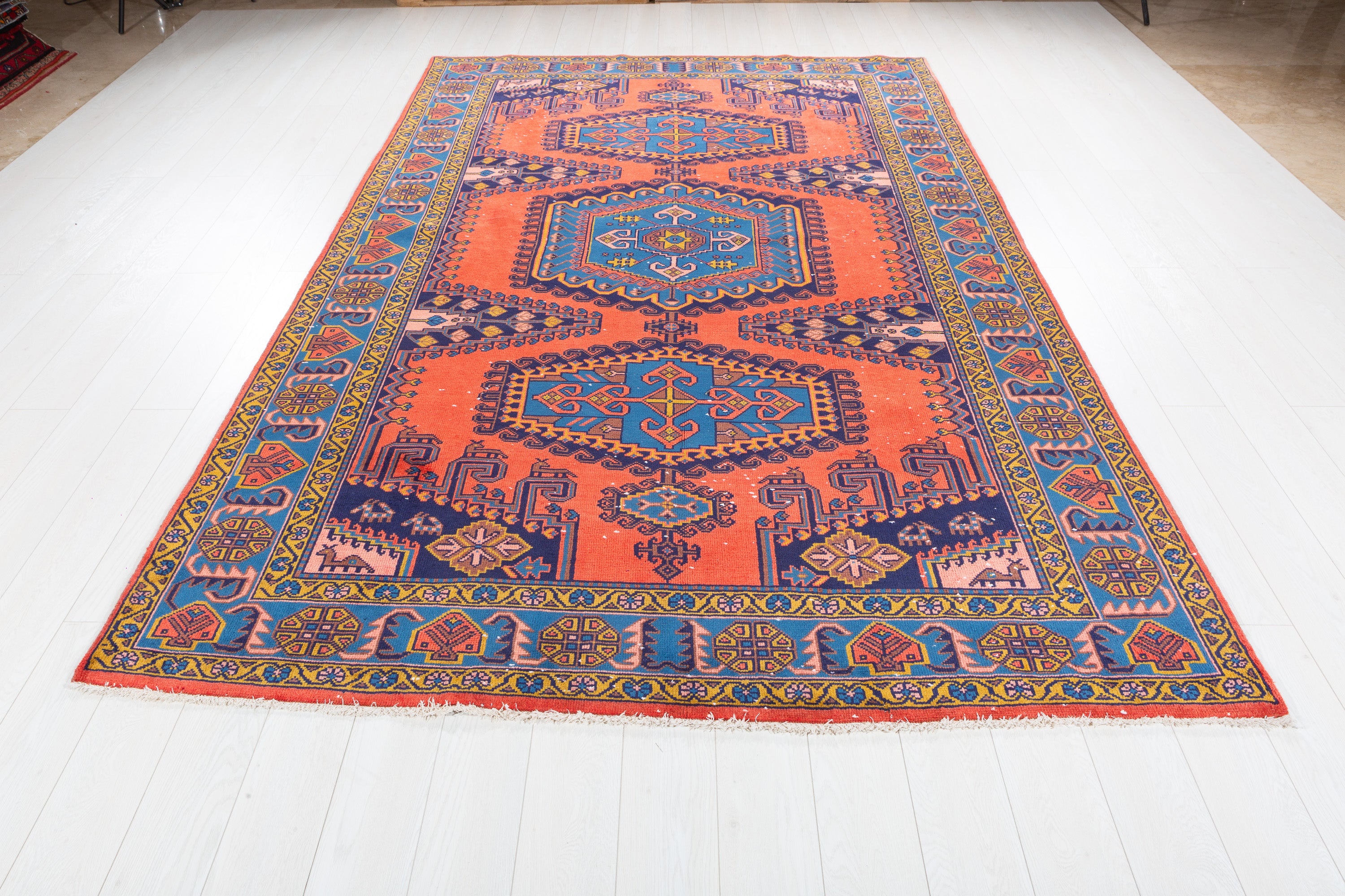Collectible Vintage Orange-red and blue Geometric Rug – 10' 1" x 6' 6" (308 x 198 cm)