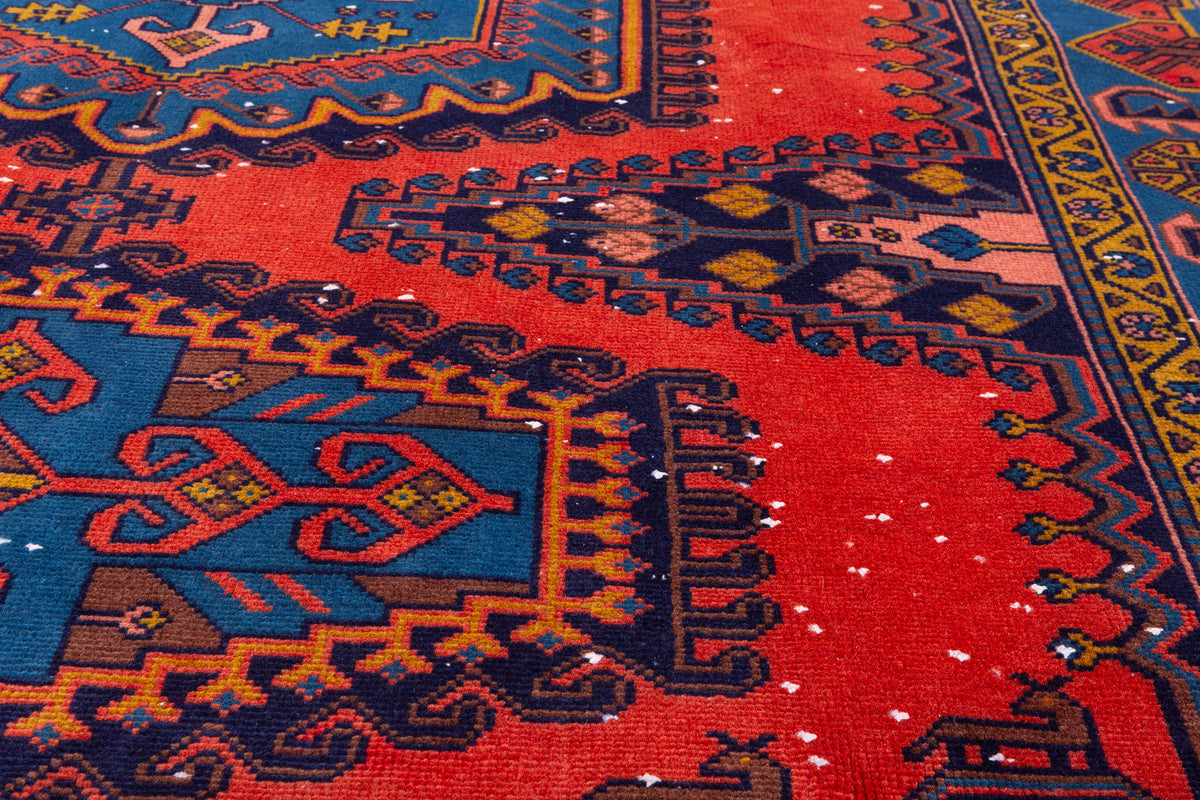 Collectible Vintage Orange-red and blue Geometric Rug – 10' 1" x 6' 6" (308 x 198 cm)