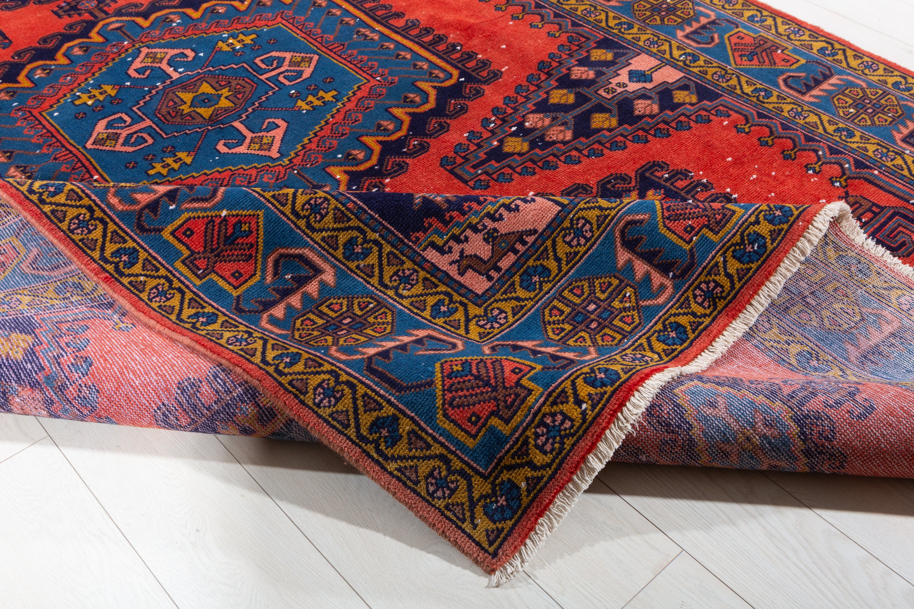 Collectible Vintage Orange-red and blue Geometric Rug – 10' 1" x 6' 6" (308 x 198 cm)