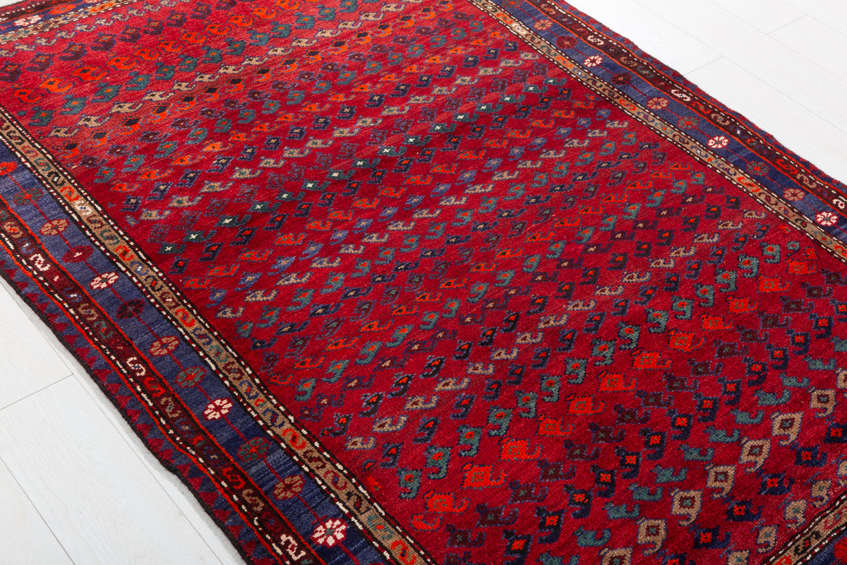 Collectible Vintage Red, Navy Blue Allover Geometric Area Rug – 6' 1" x 4' 4" (186 x 131 cm)