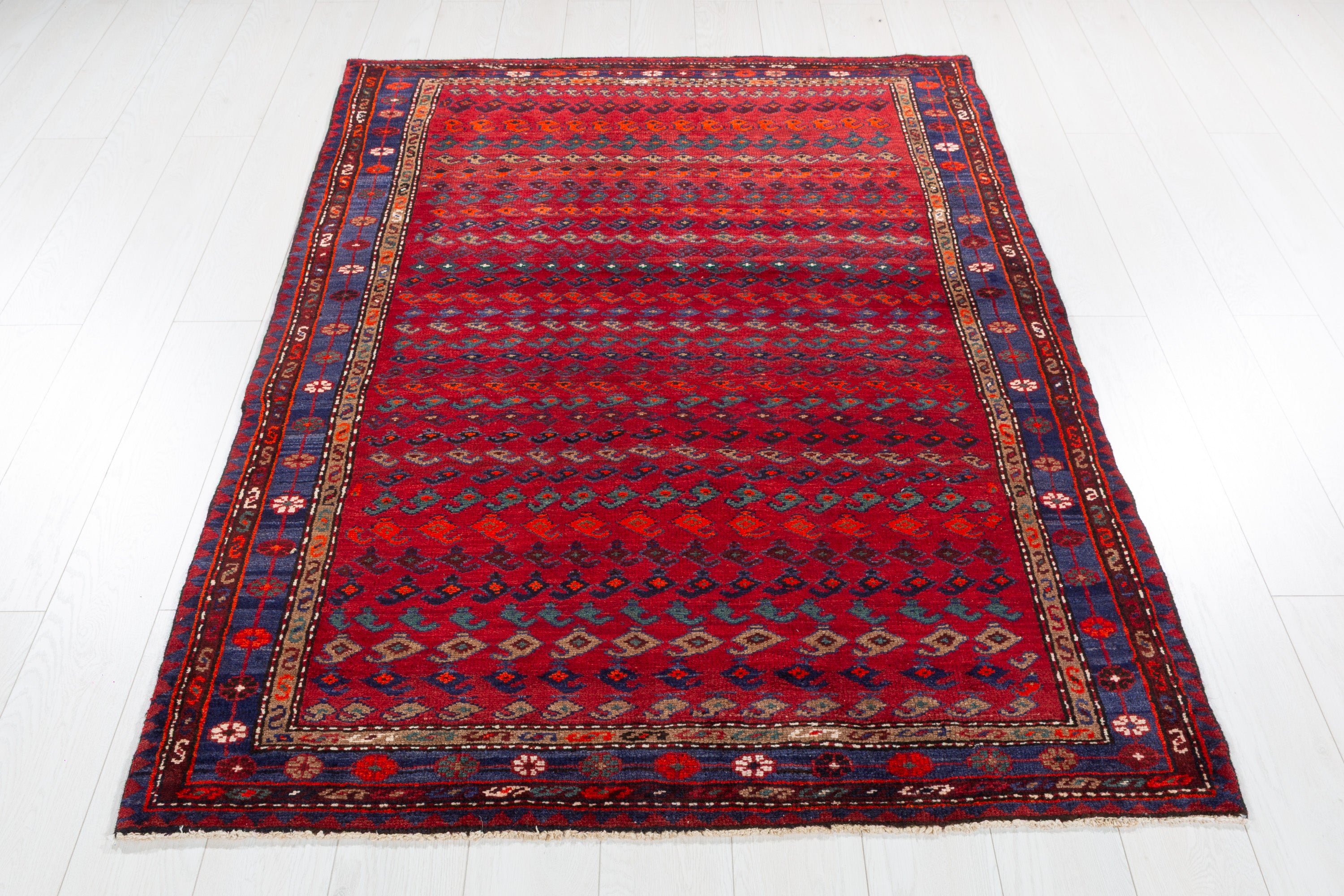 Collectible Vintage Red, Navy Blue Allover Geometric Area Rug – 6' 1" x 4' 4" (186 x 131 cm)