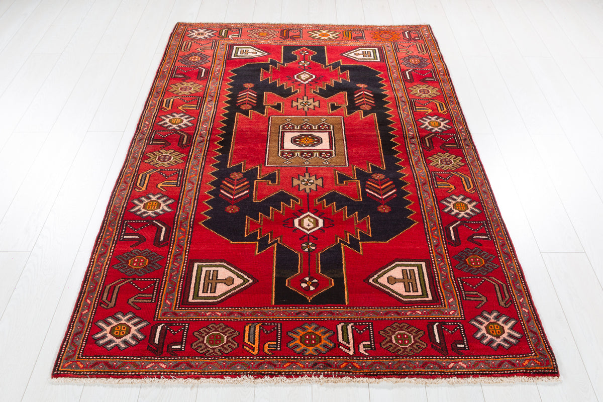 Collectible Vintage Red, Intense Deep Navy Blue Geometric Medallion Area Rug – 6' 4" x 4' 4" (193 x 131 cm)