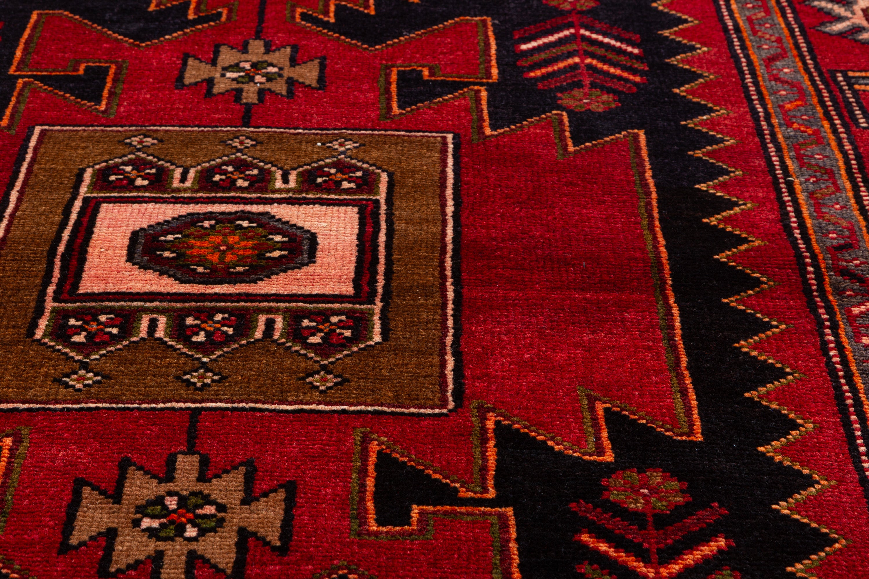 Collectible Vintage Red, Intense Deep Navy Blue Geometric Medallion Area Rug – 6' 4" x 4' 4" (193 x 131 cm)