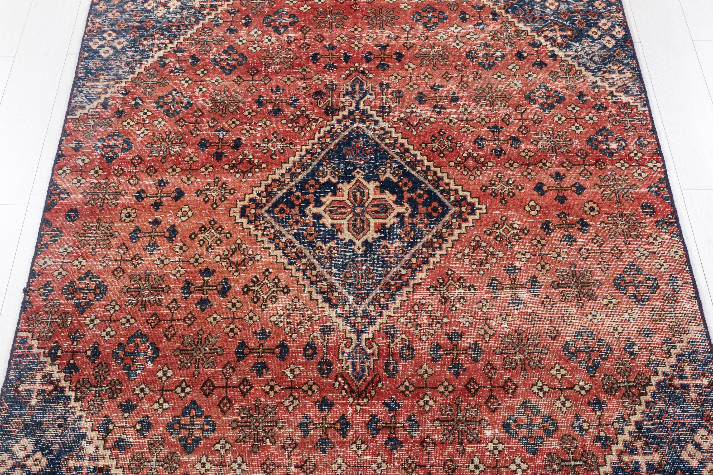 Vintage Faded Red, Navy Blue Allover Floral Area Rug – 7' 5" x 5' 0" (226 x 152 cm)