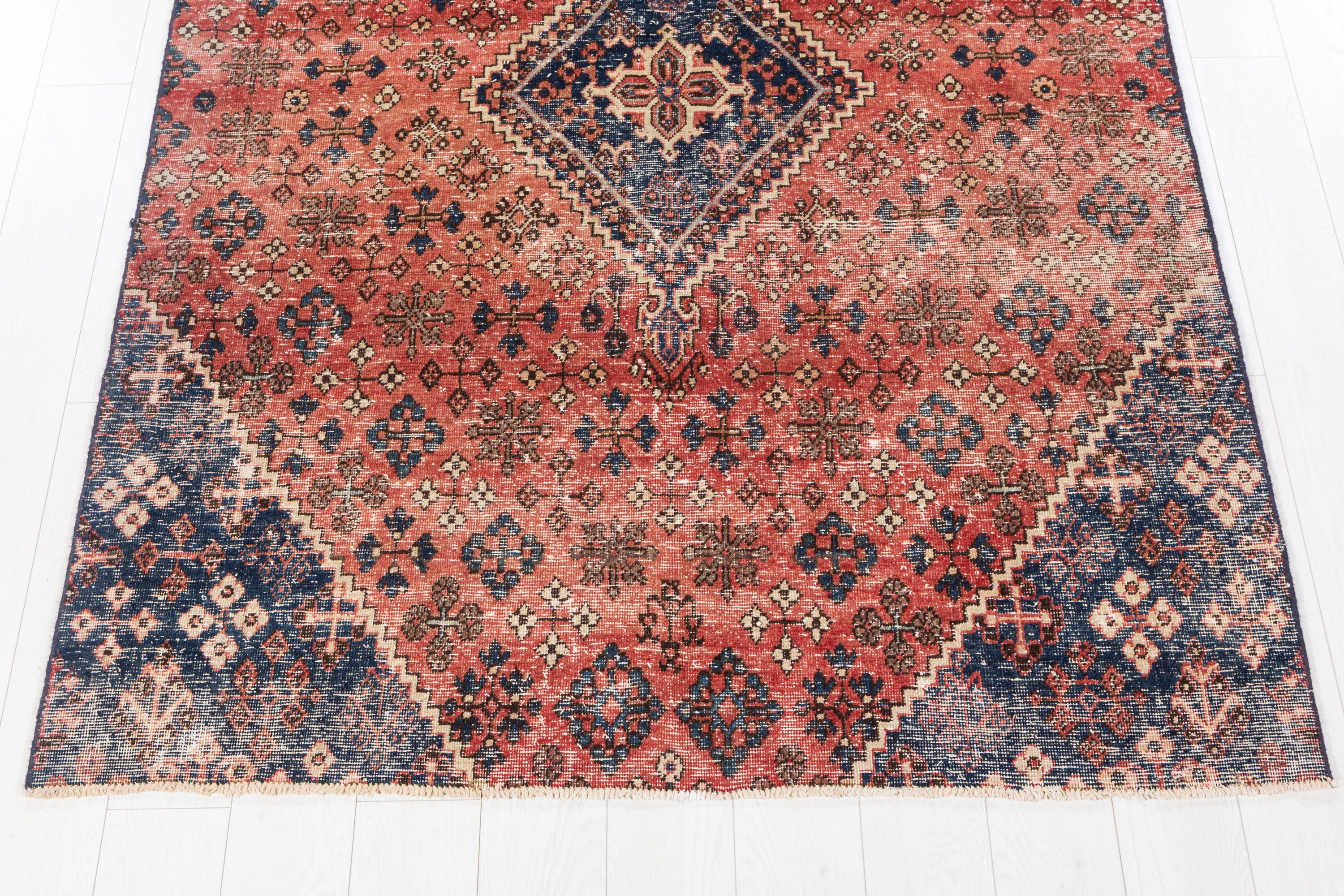 Vintage Faded Red, Navy Blue Allover Floral Area Rug – 7' 5" x 5' 0" (226 x 152 cm)