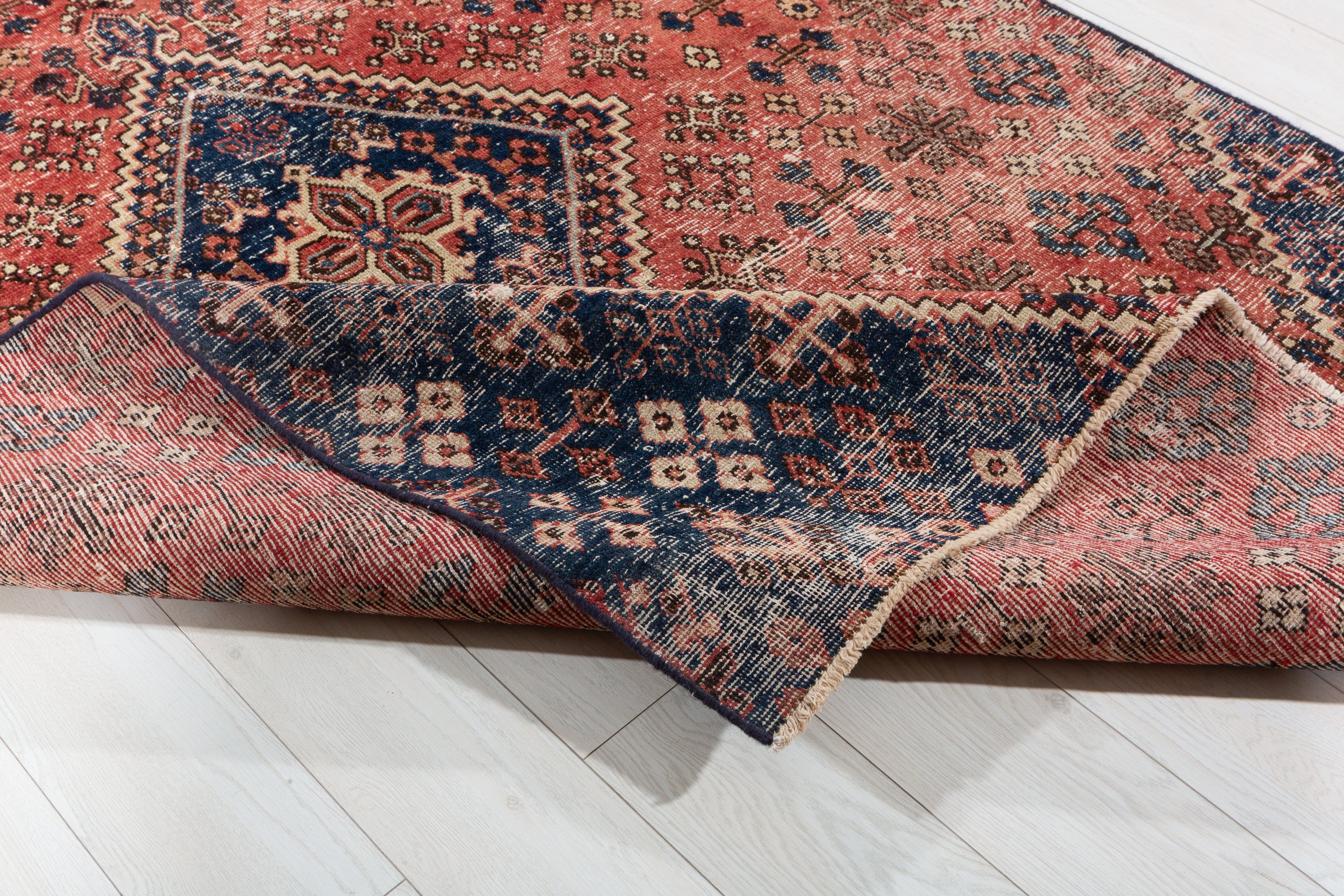 Vintage Faded Red, Navy Blue Allover Floral Area Rug – 7' 5" x 5' 0" (226 x 152 cm)