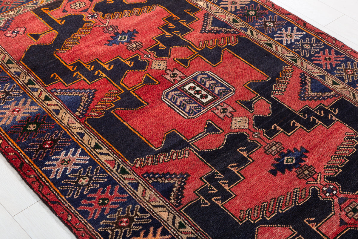 Collectible Vintage Red, Deep Navy Blue Triple Medallion Area Rug – 6' 2" x 4' 4" (189 x 132 cm)