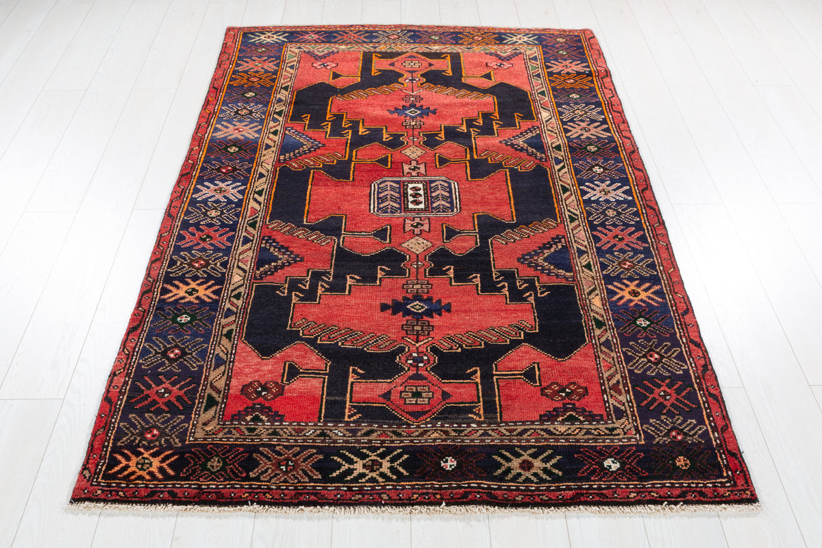 Collectible Vintage Red, Deep Navy Blue Triple Medallion Area Rug – 6' 2" x 4' 4" (189 x 132 cm)