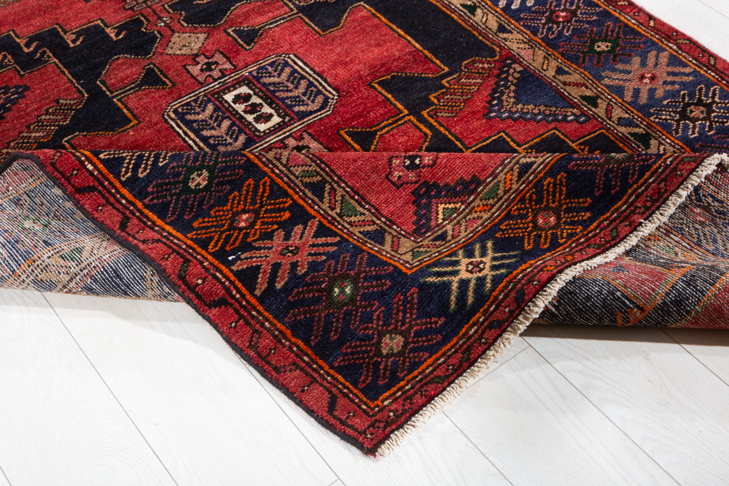 Collectible Vintage Red, Deep Navy Blue Triple Medallion Area Rug – 6' 2" x 4' 4" (189 x 132 cm)