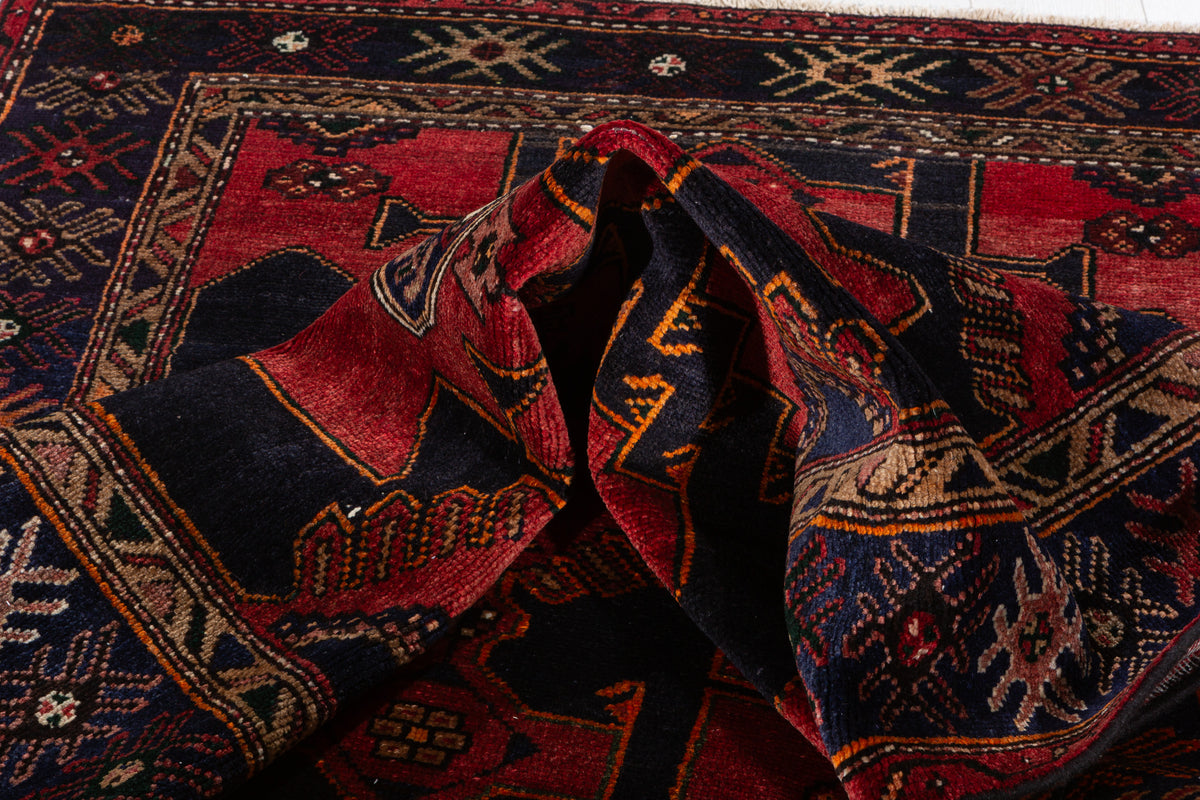 Collectible Vintage Red, Deep Navy Blue Triple Medallion Area Rug – 6' 2" x 4' 4" (189 x 132 cm)