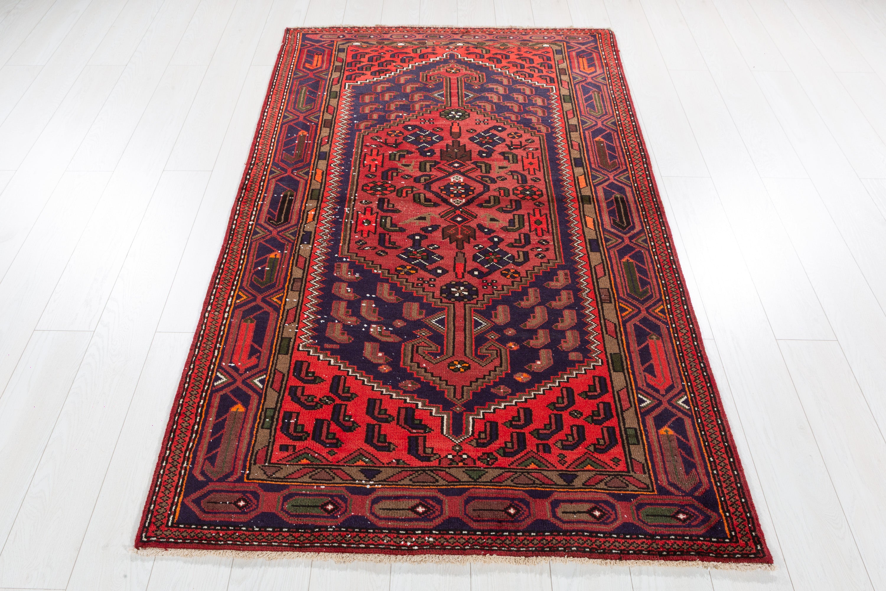 Vintage Rust Red, Navy Blue Allover Geometric Area Rug – 6' 8" x 3' 11" (202 x 119 cm)