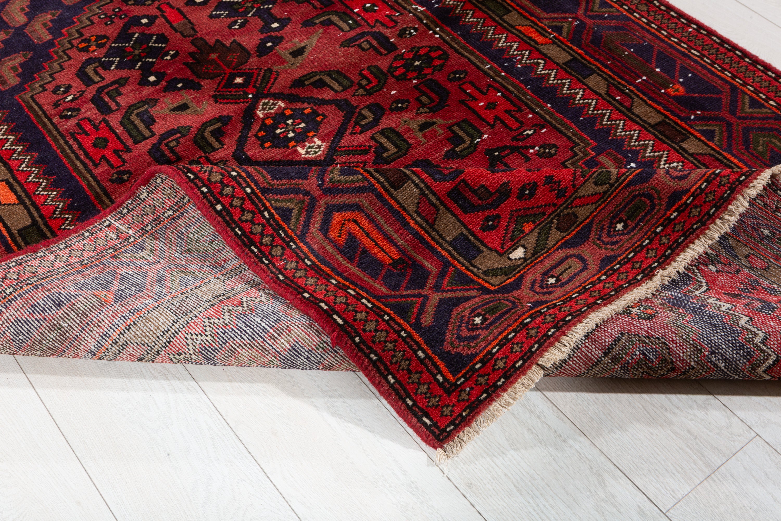 Vintage Rust Red, Navy Blue Allover Geometric Area Rug – 6' 8" x 3' 11" (202 x 119 cm)