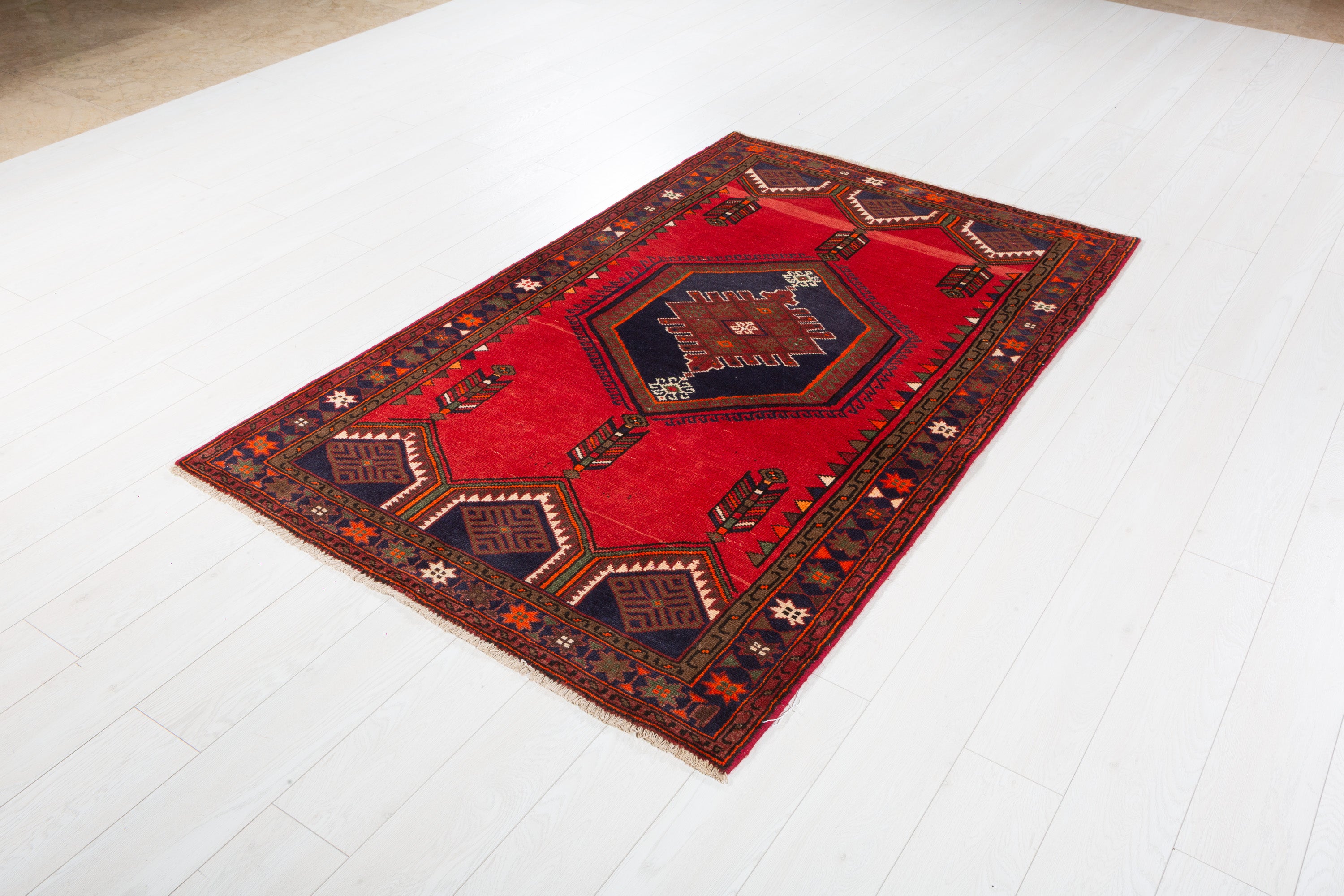 Vintage Red & Navy Blue Geometric Rug – 6' 4" x 3' 10" (192 x 118 cm)