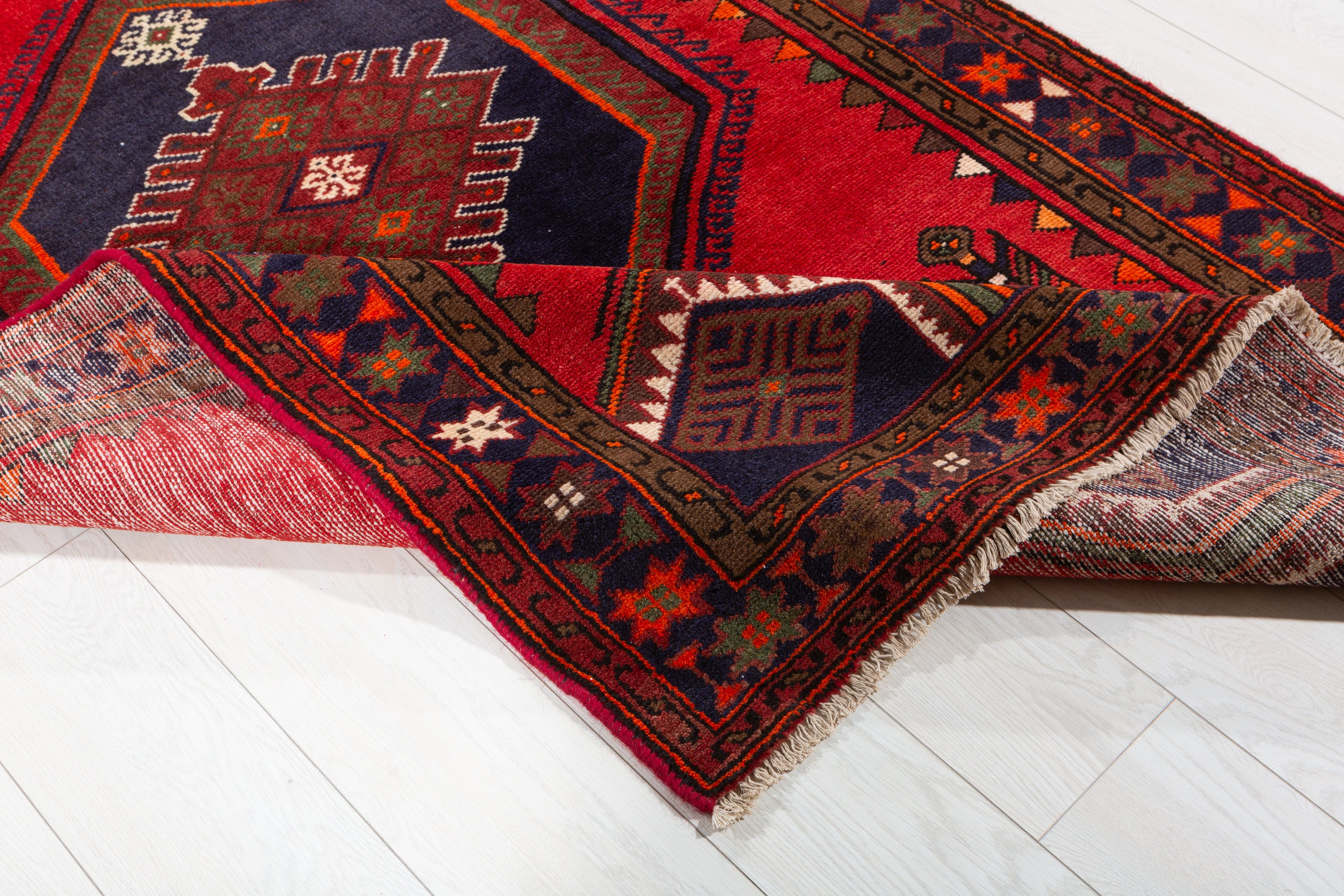 Vintage Red & Navy Blue Geometric Rug – 6' 4" x 3' 10" (192 x 118 cm)