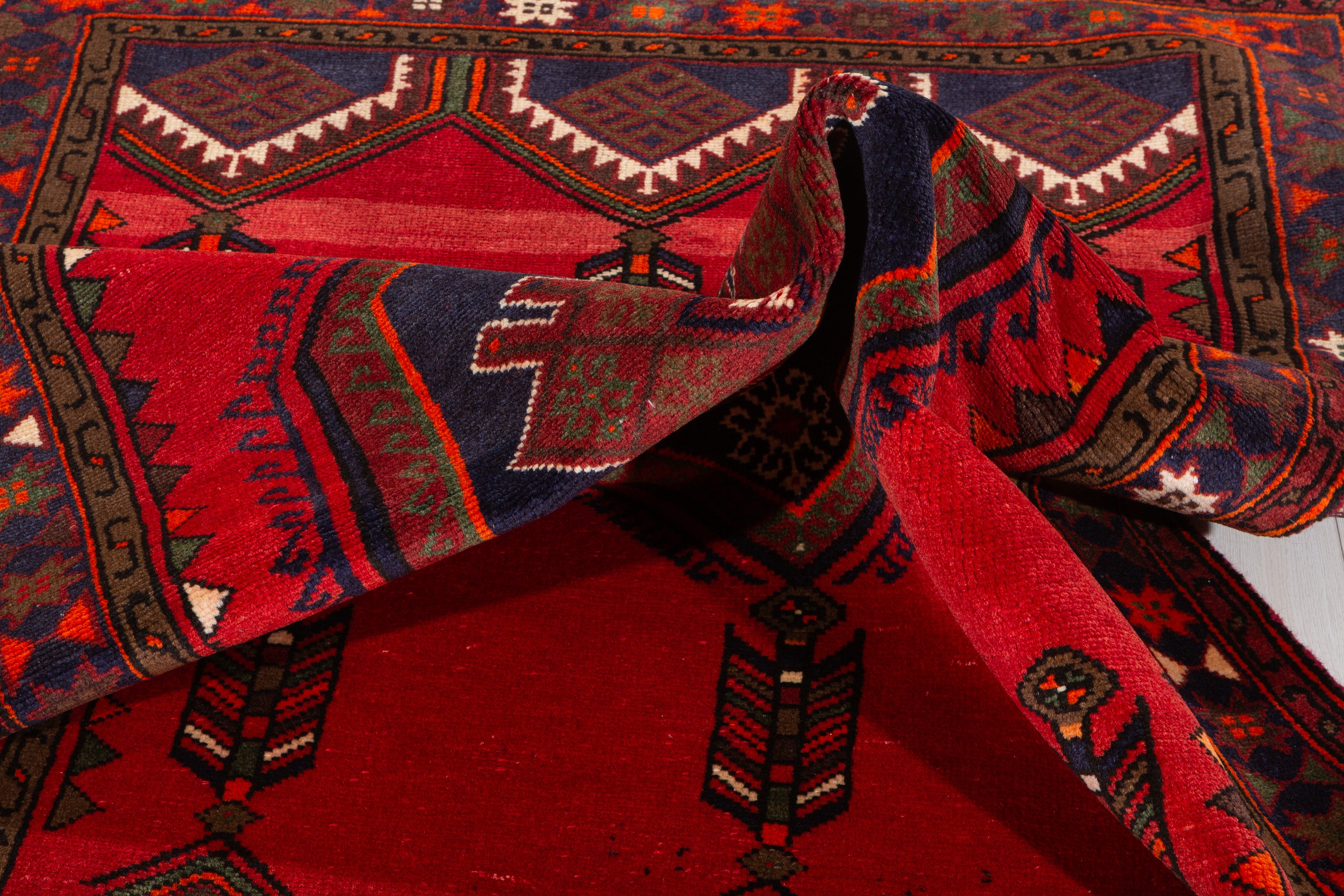 Vintage Red & Navy Blue Geometric Rug – 6' 4" x 3' 10" (192 x 118 cm)