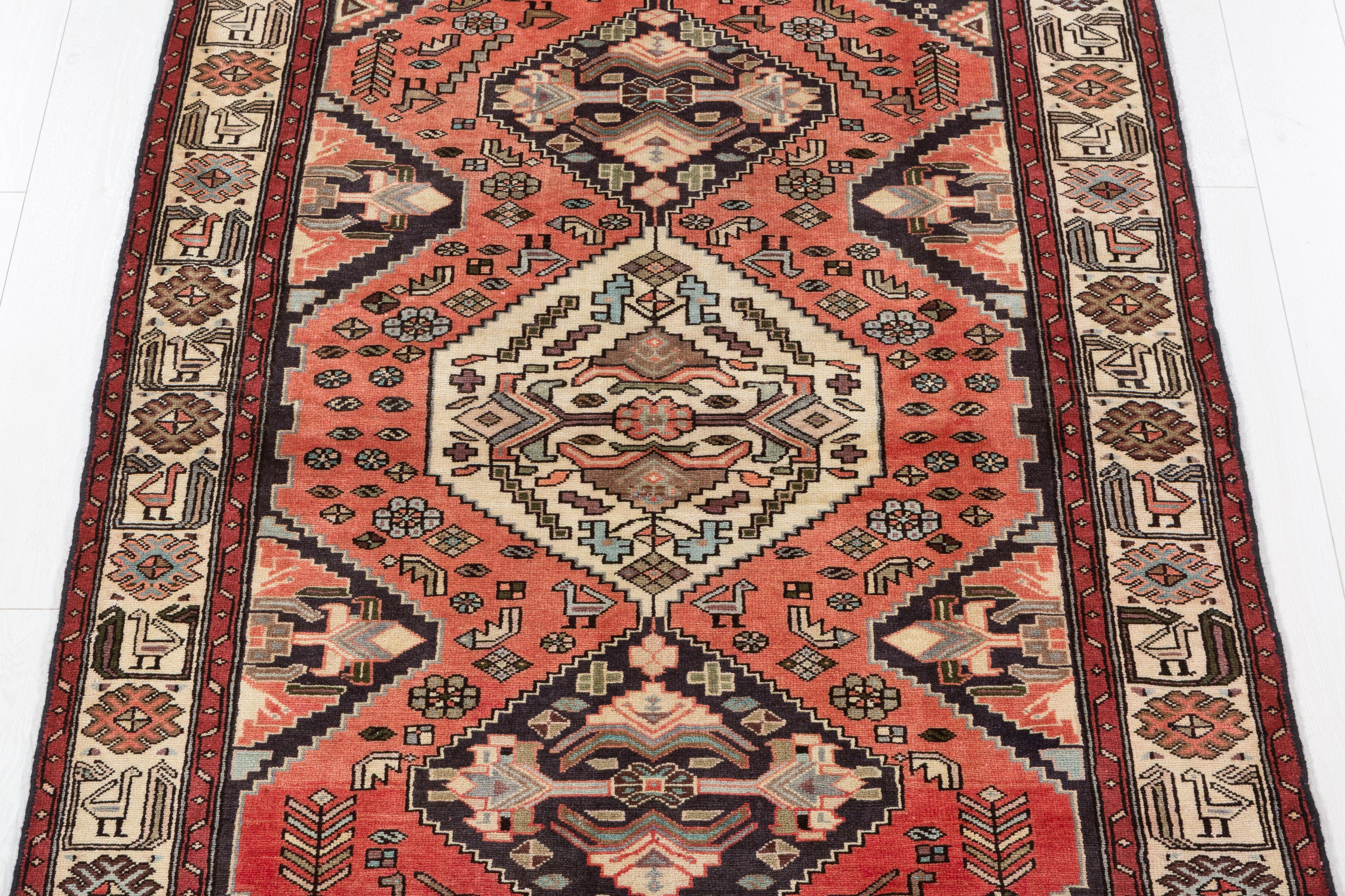 Collectible Vintage Coral Red, Beige Triple Medallion Area Rug – 6' 9" x 4' 1" (206 x 124 cm)