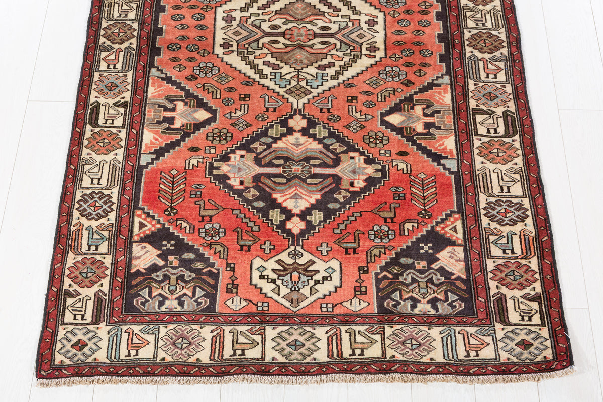 Collectible Vintage Coral Red, Beige Triple Medallion Area Rug – 6' 9" x 4' 1" (206 x 124 cm)