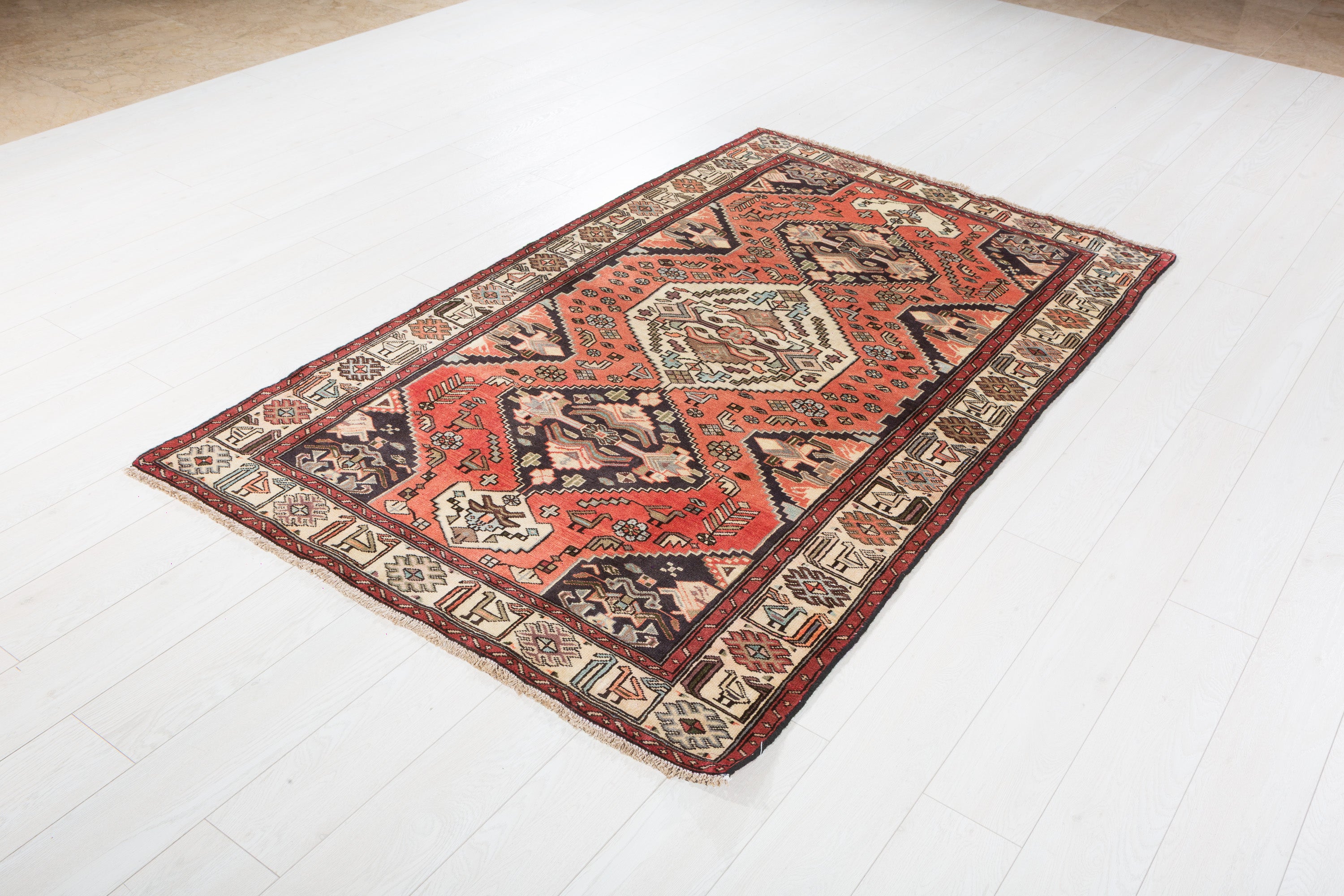 Collectible Vintage Coral Red, Beige Triple Medallion Area Rug – 6' 9" x 4' 1" (206 x 124 cm)