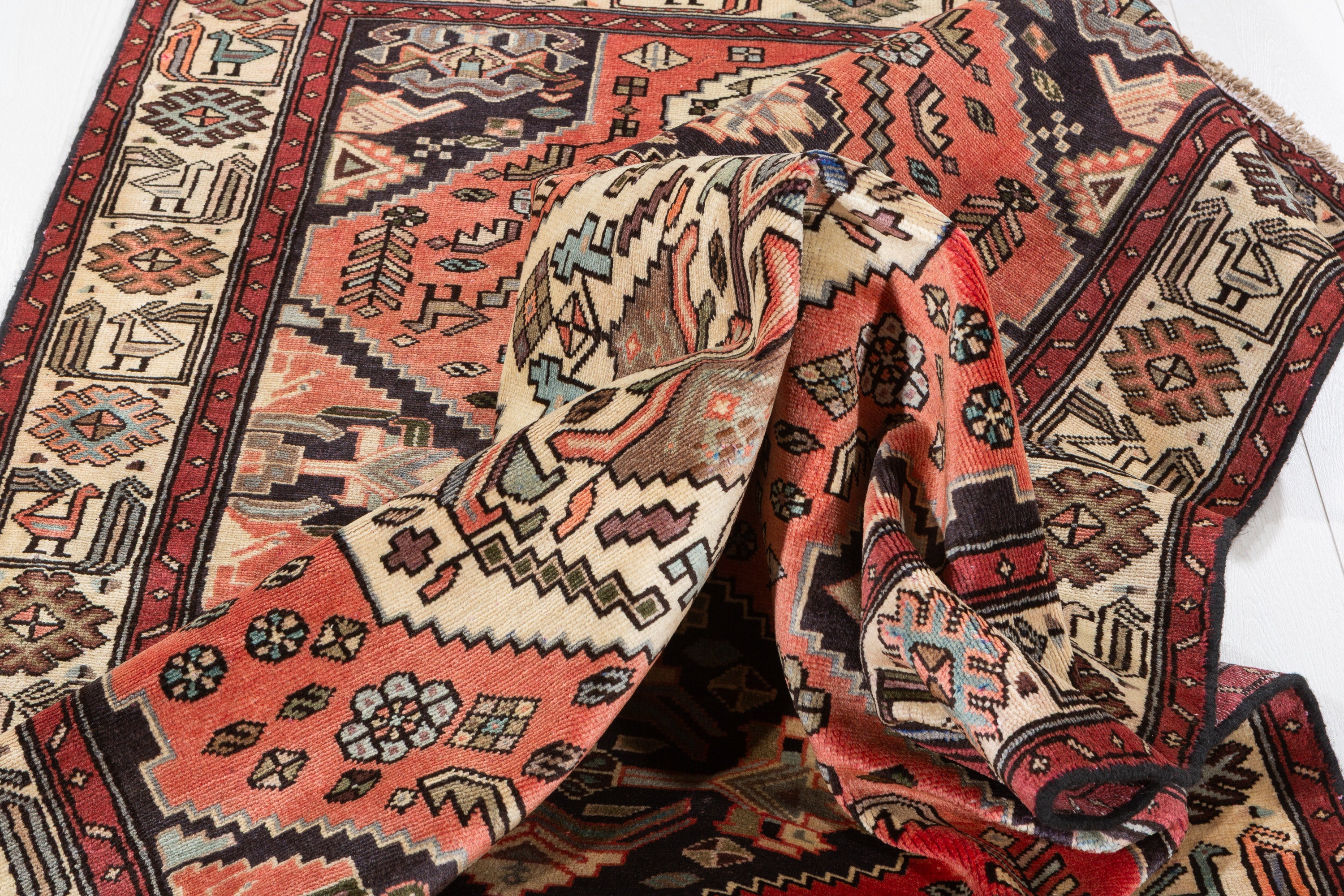 Collectible Vintage Coral Red, Beige Triple Medallion Area Rug – 6' 9" x 4' 1" (206 x 124 cm)