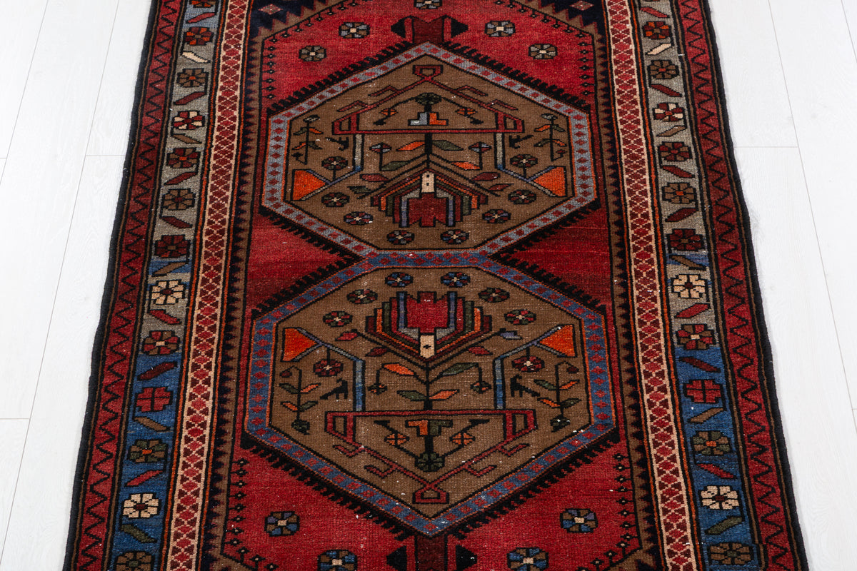 Collectible Vintage Brown, Blue Double Medallion Area Rug – 6' 6" x 3' 8" (198 x 112 cm)