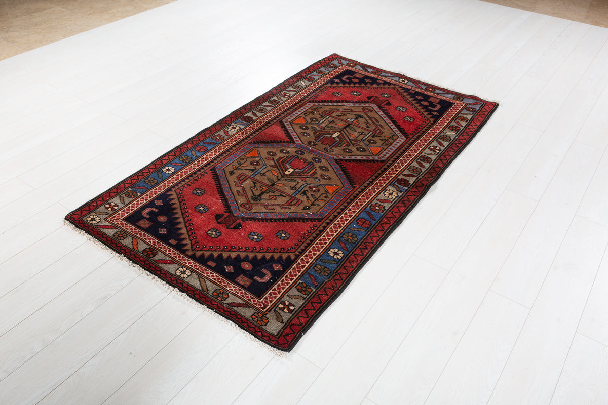 Collectible Vintage Brown, Blue Double Medallion Area Rug – 6' 6" x 3' 8" (198 x 112 cm)
