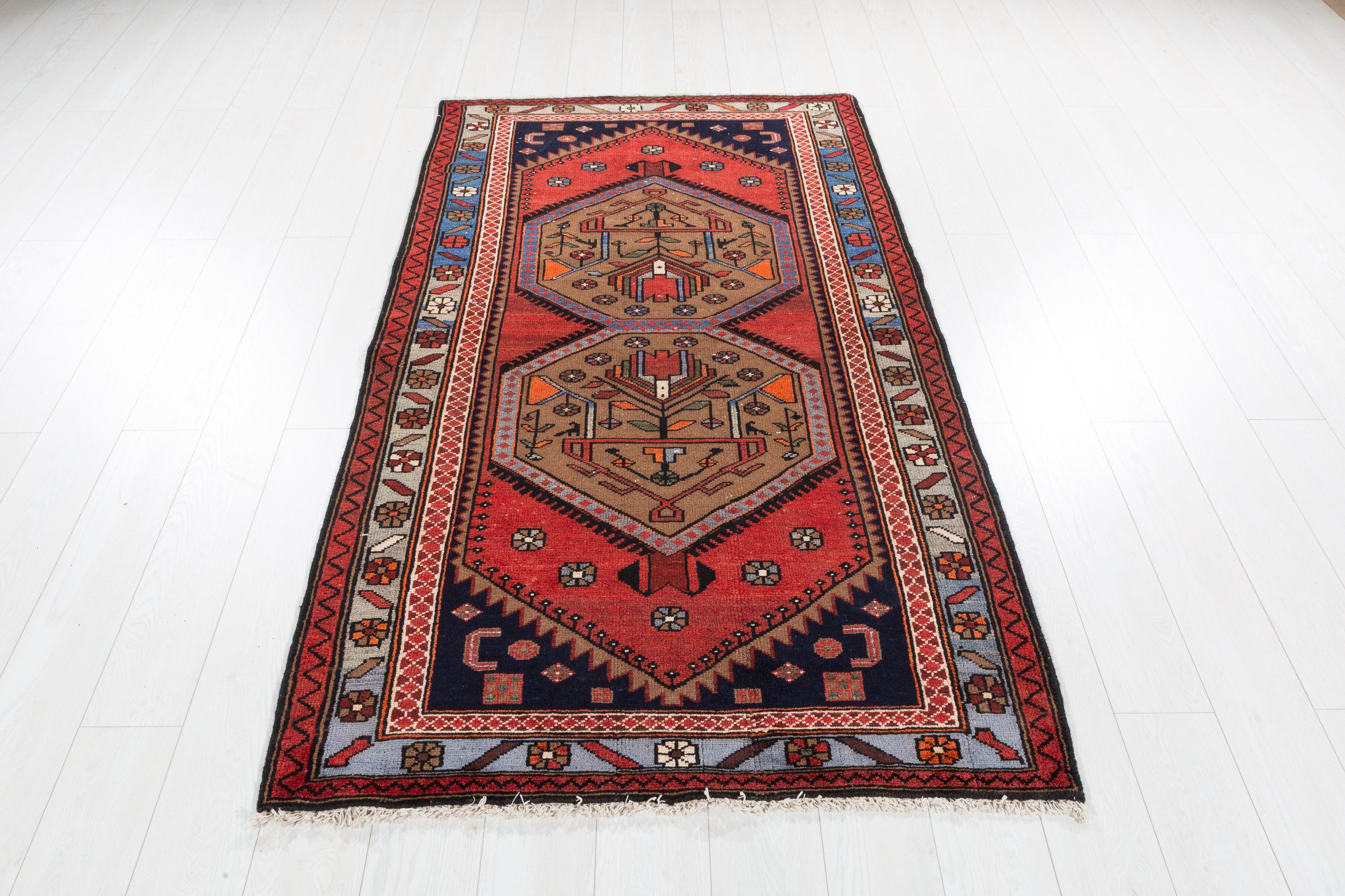 Collectible Vintage Brown, Blue Double Medallion Area Rug – 6' 6" x 3' 8" (198 x 112 cm)