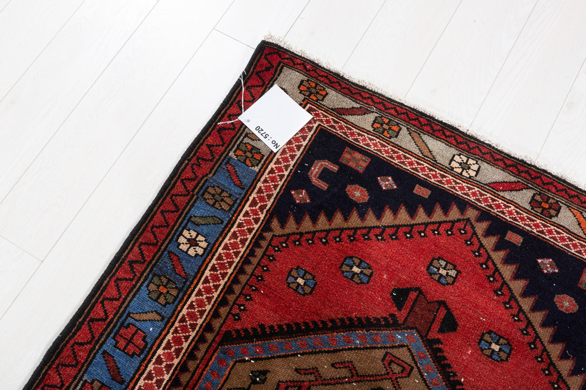 Collectible Vintage Brown, Blue Double Medallion Area Rug – 6' 6" x 3' 8" (198 x 112 cm)
