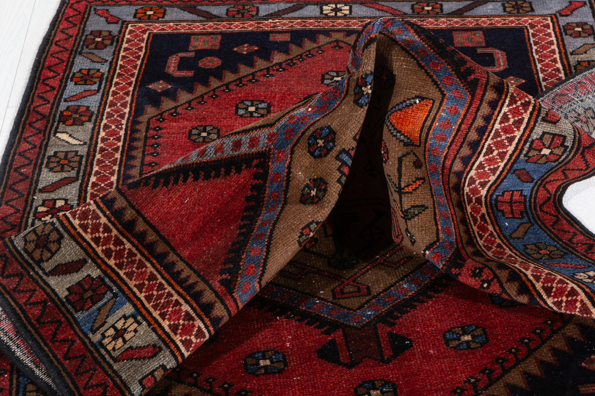 Collectible Vintage Brown, Blue Double Medallion Area Rug – 6' 6" x 3' 8" (198 x 112 cm)