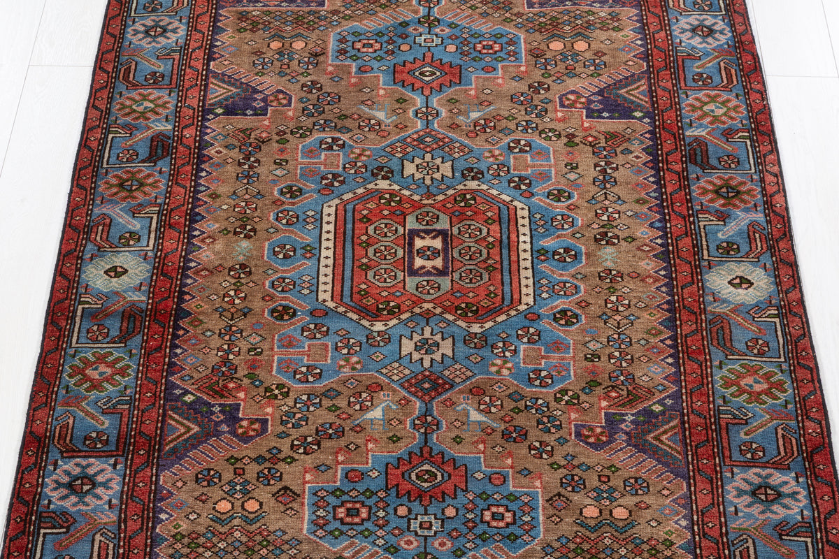 Collectible Vintage Brown, Turquoise Blue Geometric Medallion Area Rug – 6' 5" x 4' 4" (196 x 131 cm)