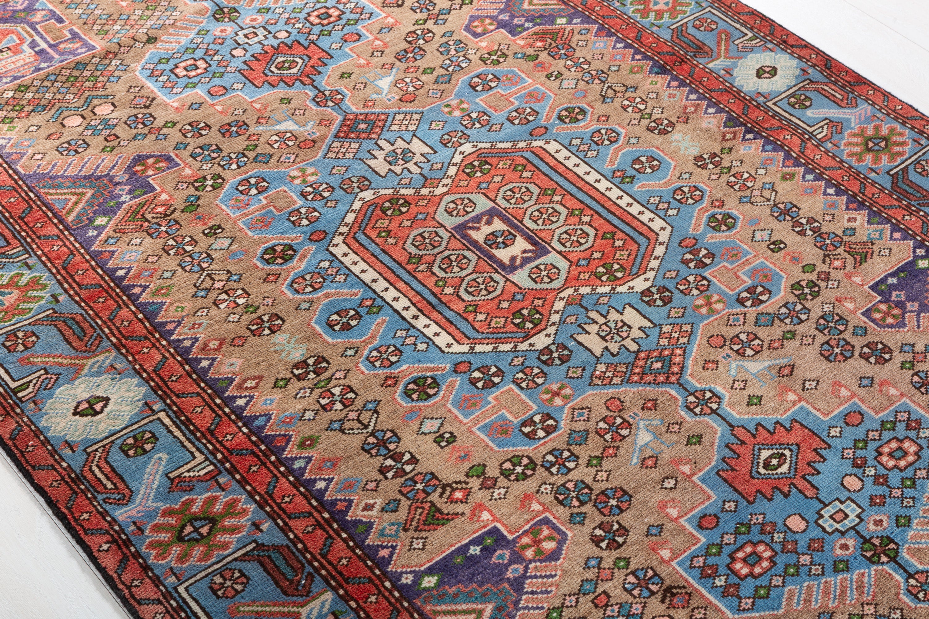 Collectible Vintage Brown, Turquoise Blue Geometric Medallion Area Rug – 6' 5" x 4' 4" (196 x 131 cm)