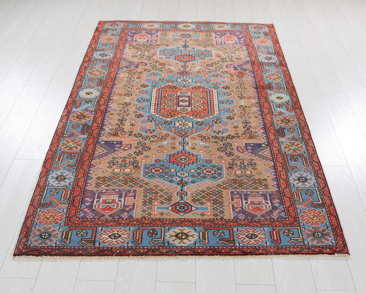 Collectible Vintage Brown, Turquoise Blue Geometric Medallion Area Rug – 6' 5" x 4' 4" (196 x 131 cm)