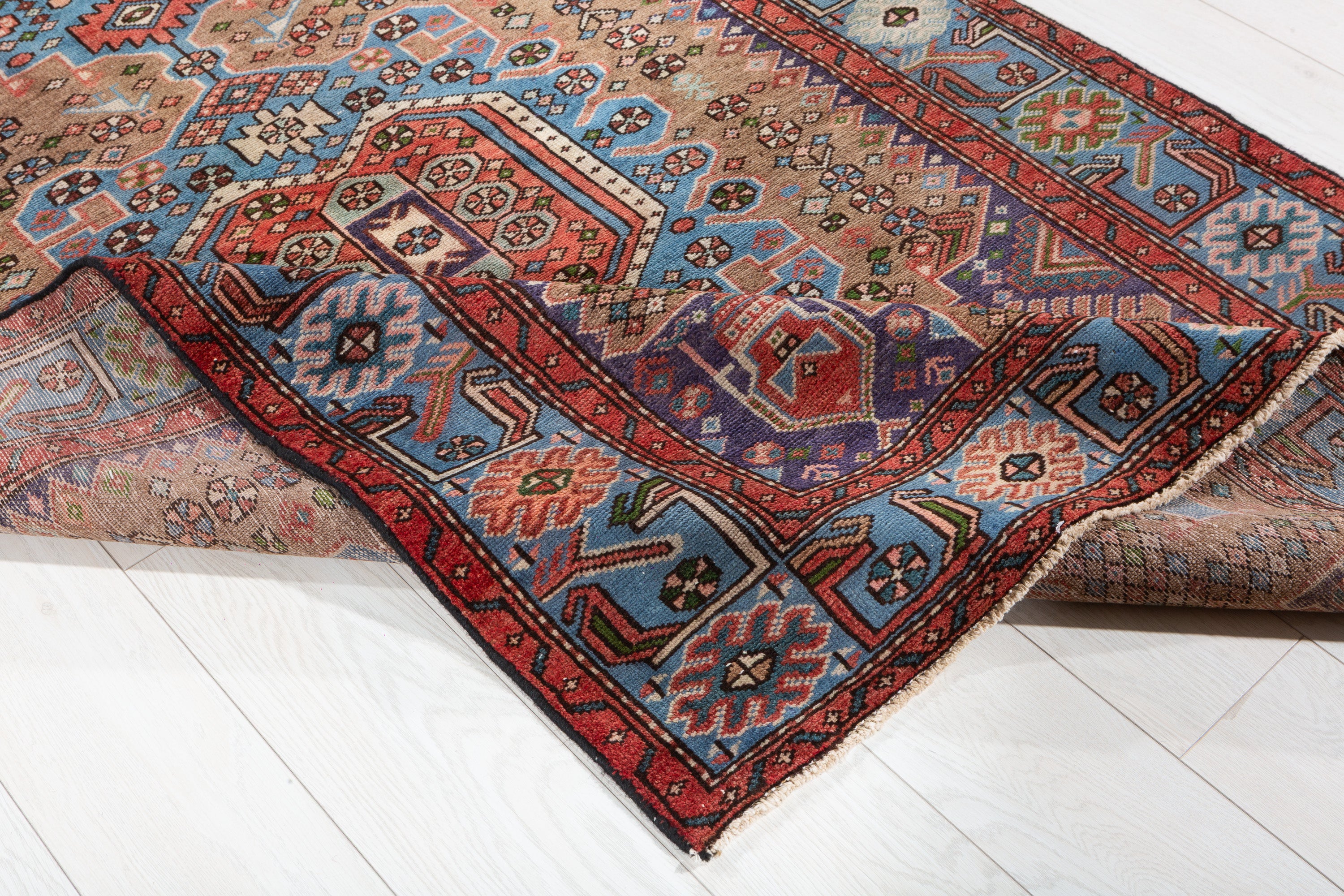 Collectible Vintage Brown, Turquoise Blue Geometric Medallion Area Rug – 6' 5" x 4' 4" (196 x 131 cm)