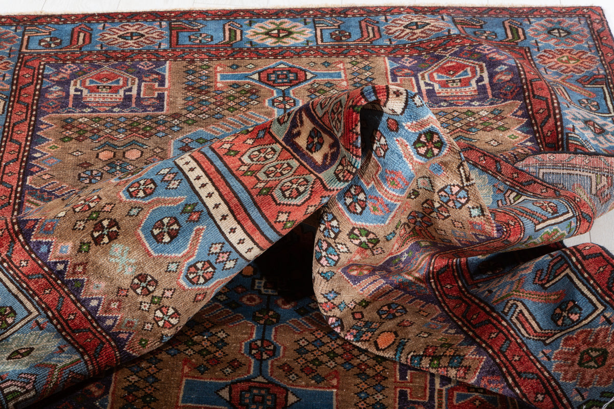 Collectible Vintage Brown, Turquoise Blue Geometric Medallion Area Rug – 6' 5" x 4' 4" (196 x 131 cm)