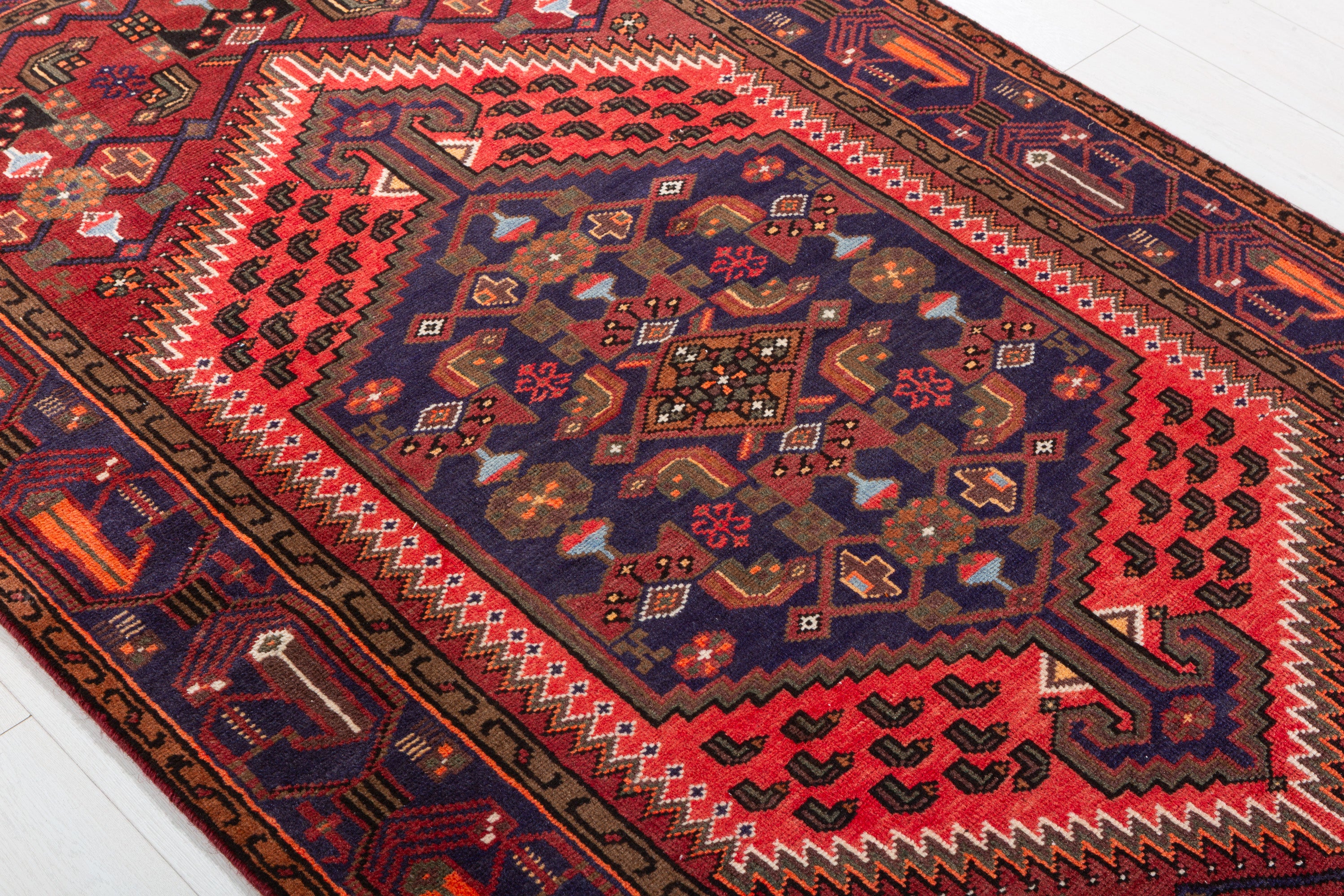 Collectible Vintage Navy Blue, Coral Geometric Medallion Area Rug – 6' 8" x 4' 2" (202 x 127 cm)