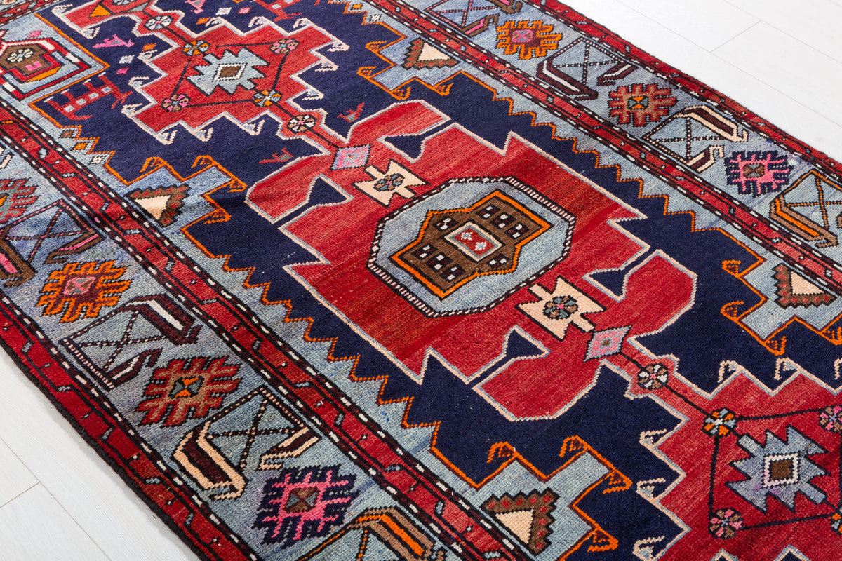 Collectible Vintage Red, Navy Blue Triple Medallion Area Rug – 7' 4" x 3' 9" (224 x 115 cm)