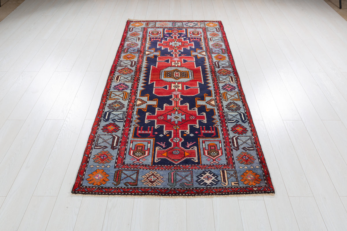Collectible Vintage Red, Navy Blue Triple Medallion Area Rug – 7' 4" x 3' 9" (224 x 115 cm)