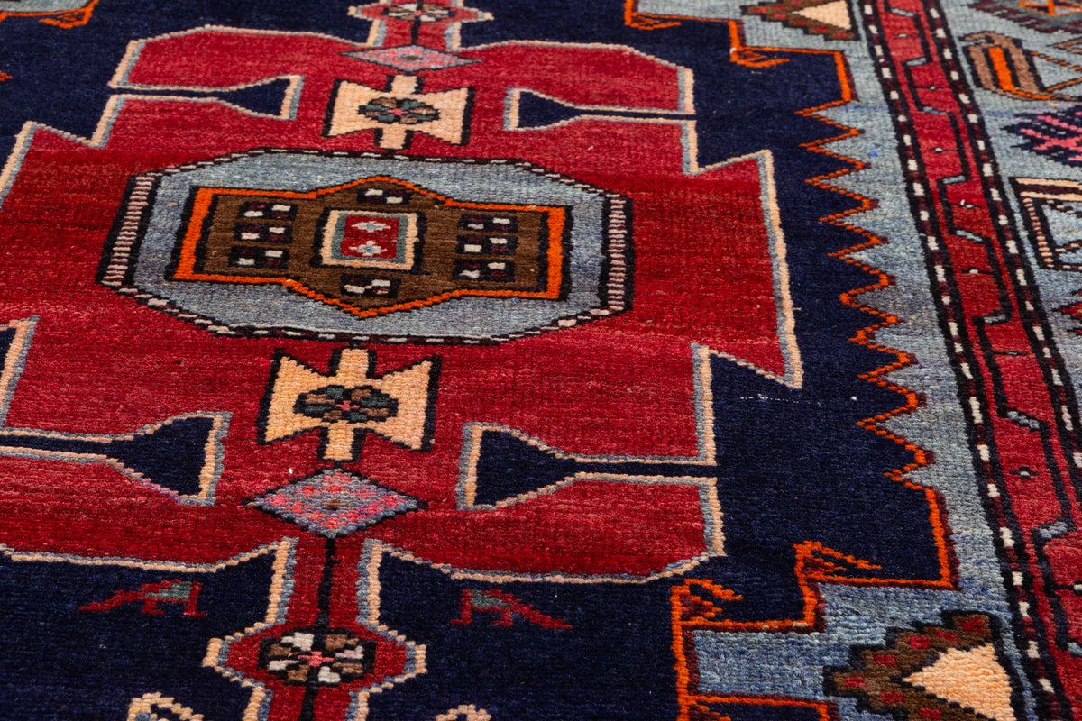 Collectible Vintage Red, Navy Blue Triple Medallion Area Rug – 7' 4" x 3' 9" (224 x 115 cm)