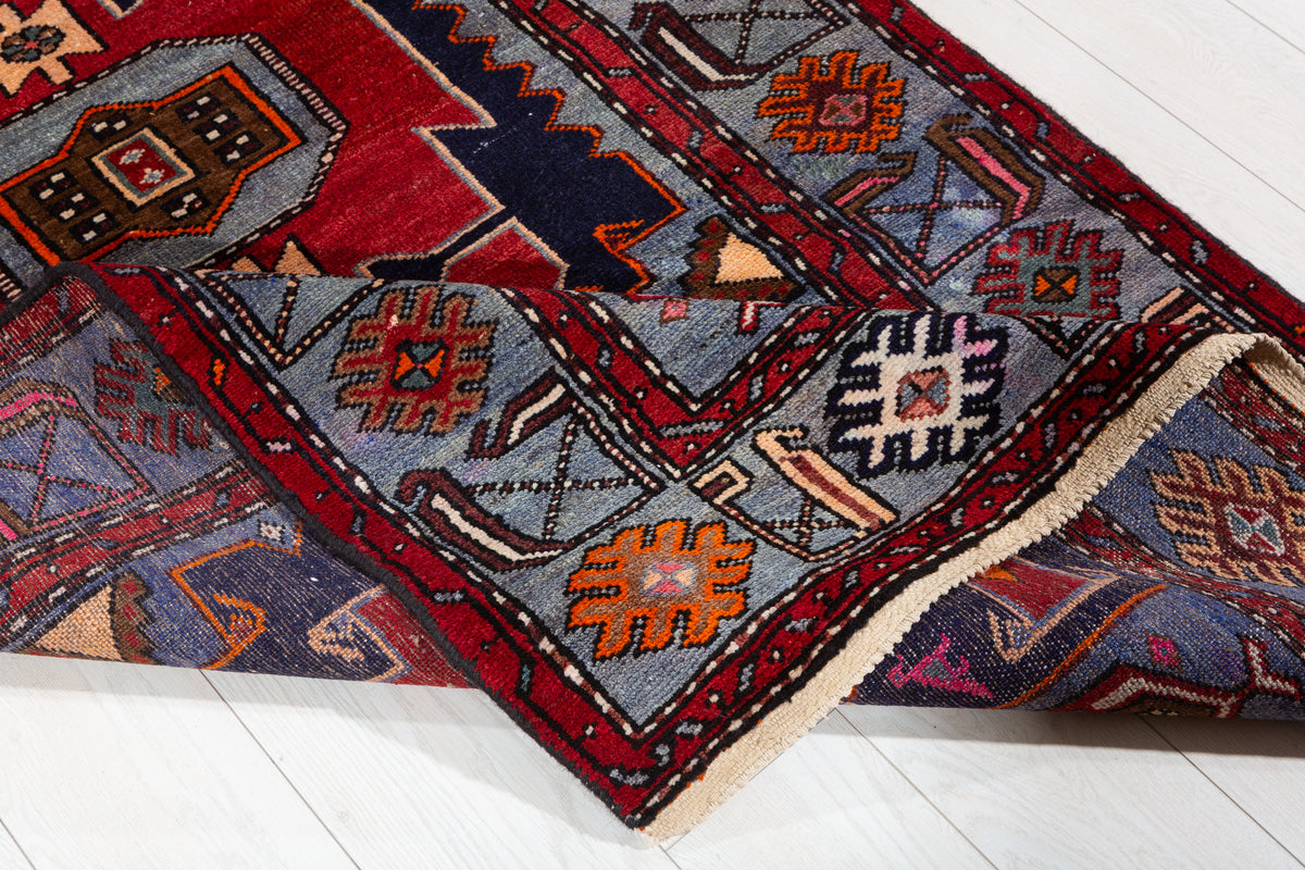 Collectible Vintage Red, Navy Blue Triple Medallion Area Rug – 7' 4" x 3' 9" (224 x 115 cm)