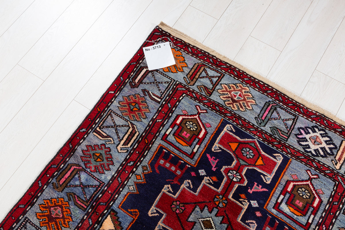 Collectible Vintage Red, Navy Blue Triple Medallion Area Rug – 7' 4" x 3' 9" (224 x 115 cm)