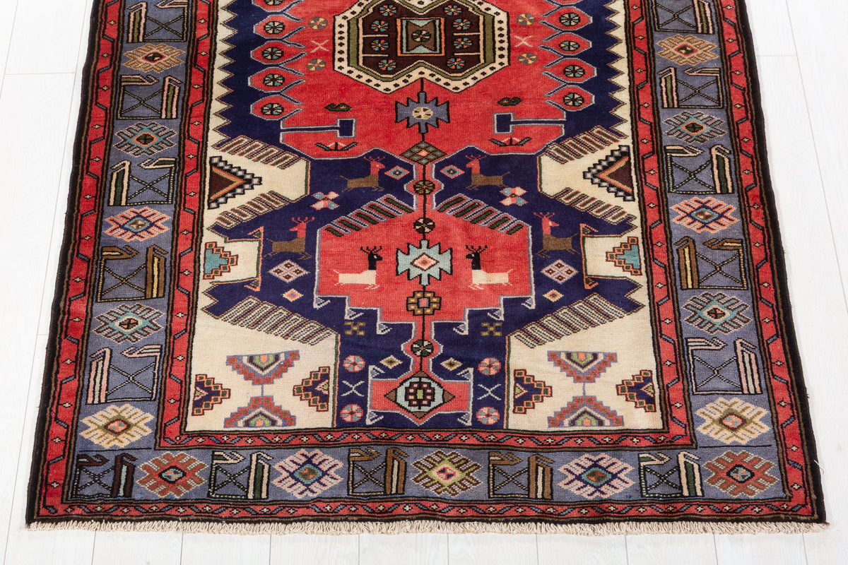 Collectible Vintage Coral, Navy Blue Geometric Medallion Area Rug – 6' 9" x 4' 5" (205 x 135 cm)