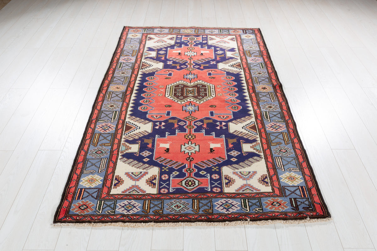 Collectible Vintage Coral, Navy Blue Geometric Medallion Area Rug – 6' 9" x 4' 5" (205 x 135 cm)