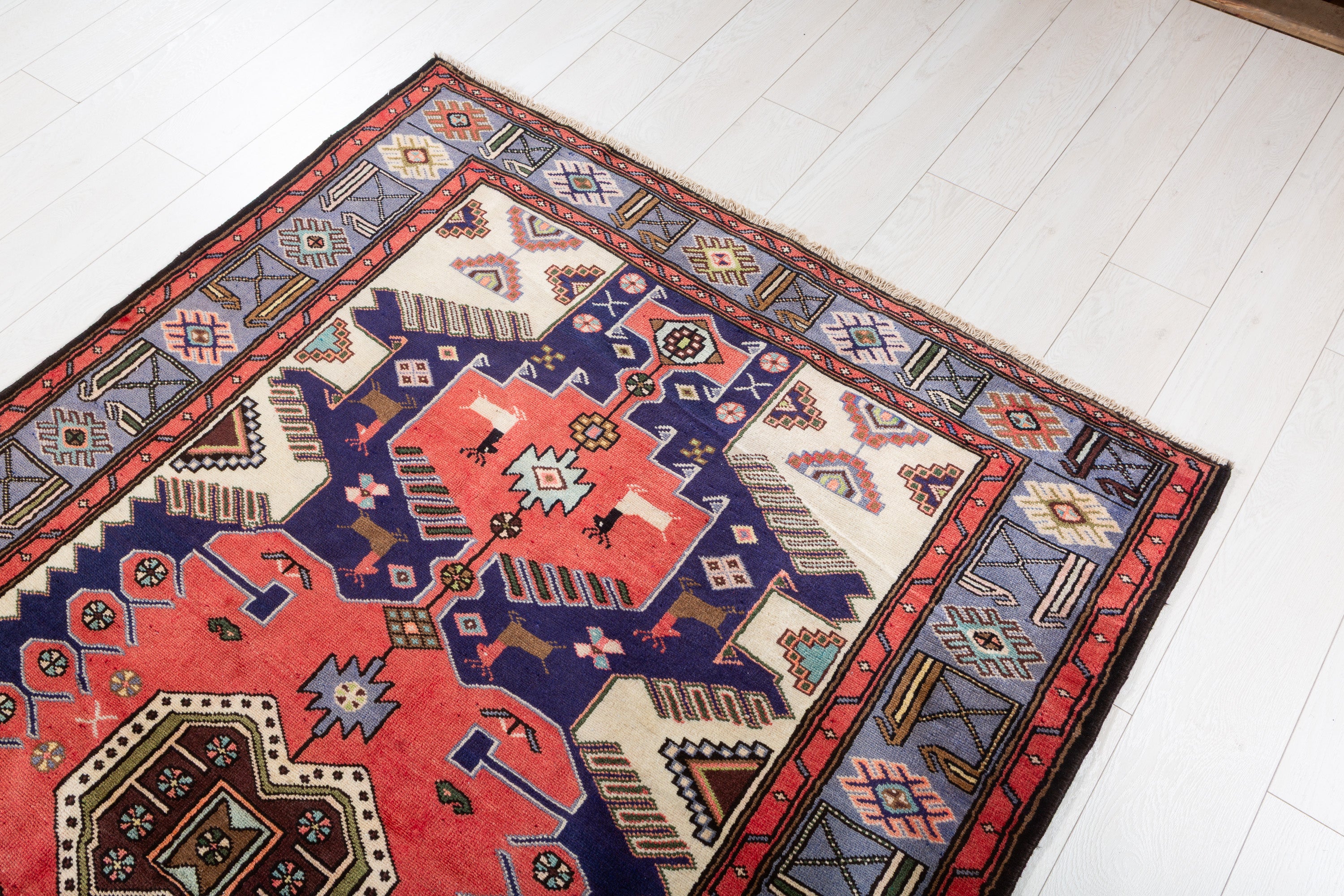 Collectible Vintage Coral, Navy Blue Geometric Medallion Area Rug – 6' 9" x 4' 5" (205 x 135 cm)