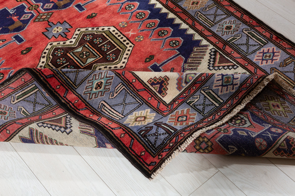 Collectible Vintage Coral, Navy Blue Geometric Medallion Area Rug – 6' 9" x 4' 5" (205 x 135 cm)