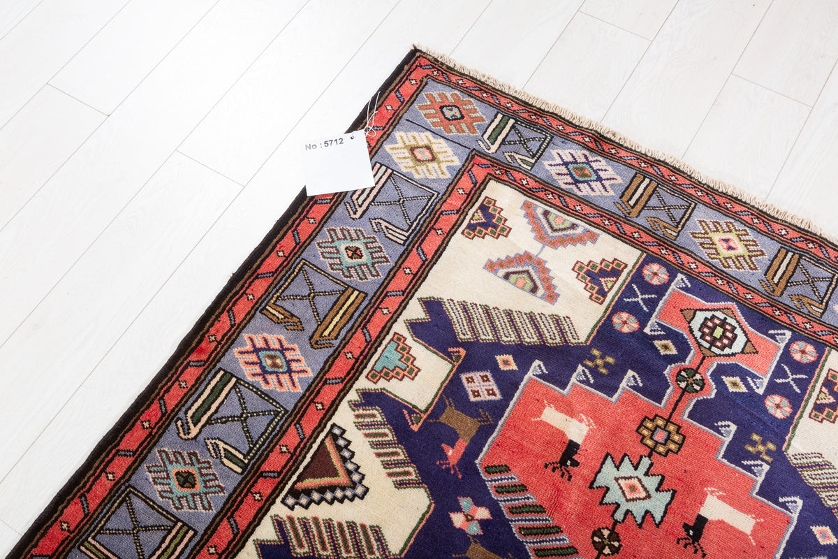 Collectible Vintage Coral, Navy Blue Geometric Medallion Area Rug – 6' 9" x 4' 5" (205 x 135 cm)