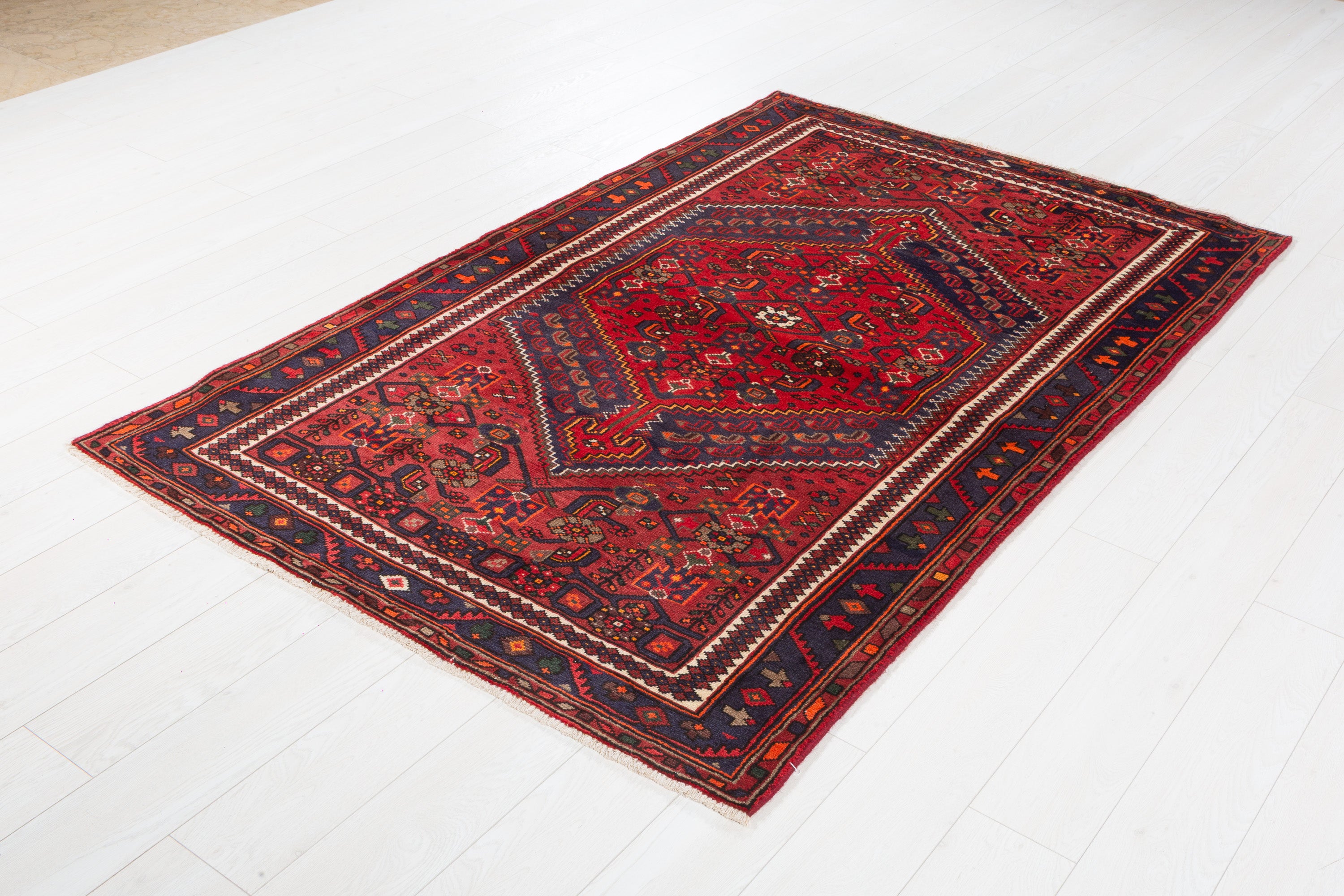 Vintage Red, Navy Blue Central Medallion Area Rug – 6' 8" x 4' 4" (204 x 132 cm)
