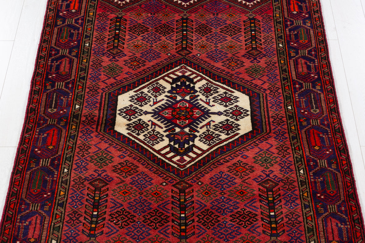 Vintage Rust Red & Navy Blue Geometric Area Rug – 6' 11" x 4' 2" (211 x 128 cm)
